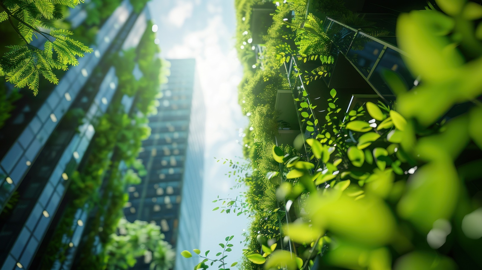 Upward view between two green-covered buildings with sunlight filtering through foliage and a partly cloudy sky