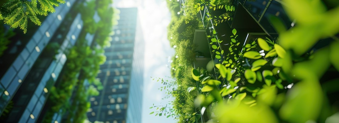 Upward view between two green-covered buildings with sunlight filtering through foliage and a partly cloudy sky